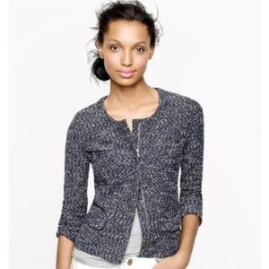 J. Crew Tweed Boucle Zip Front Jacket, Navy Blue and White, Large